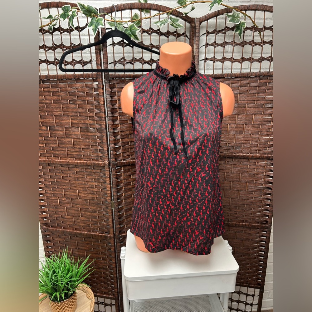Worthington Black/Red Printed Ruffled with velvet Tie Blouse/Top dressy shirt